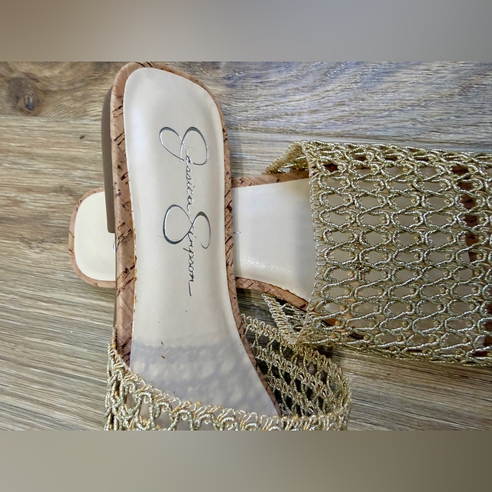 Jessica Simpson Gold Woven Slide Sandals Cork Footbed Size 7.5 - Picture 5 of 7